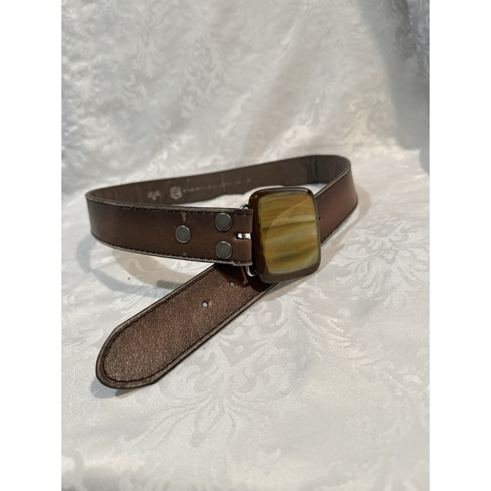 Vera‎ Pelle M 33" 35" brown leather belt stone-like inlay buckle 8petals - Picture 9 of 9